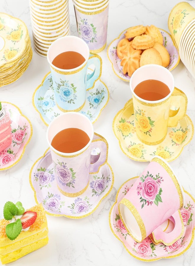 Fairooth 24 Sets Floral Paper Tea Cups and Saucers Disposable Tea Party Supplies Colorful Flower Teacups with Handle and Plates for Hot Cold Drink Wedding Birthday Party Baby Shower - Image 4